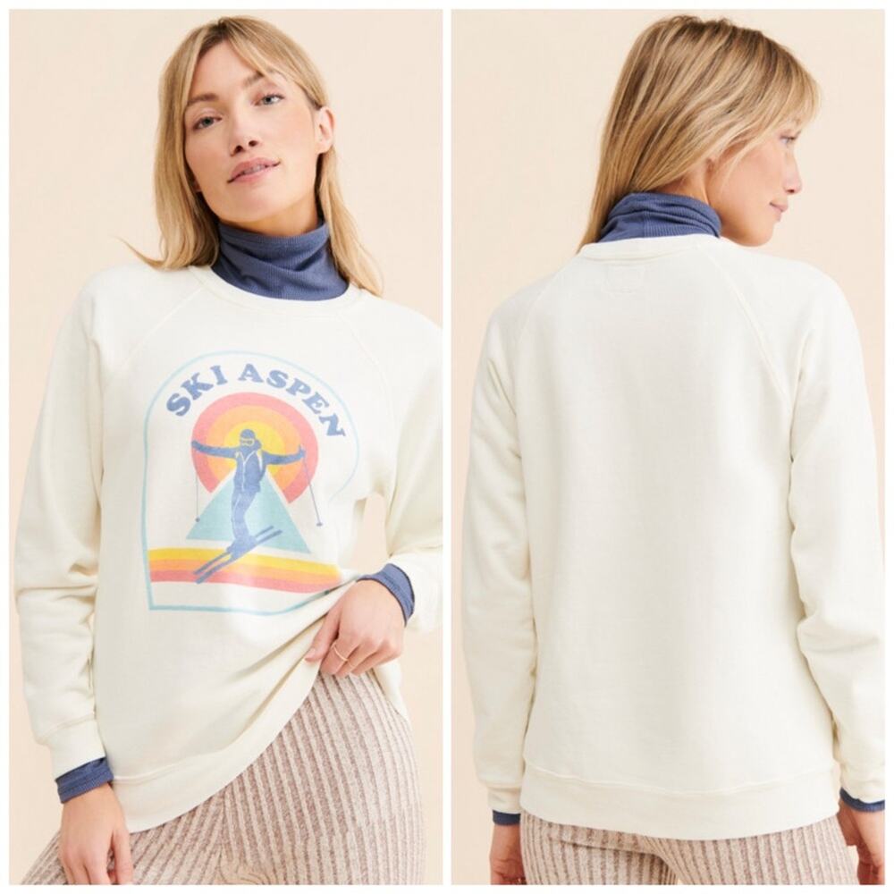 Retro Brand Ski Aspen Sweatshirt M Antique White Graphic Pullover Vintage Casual